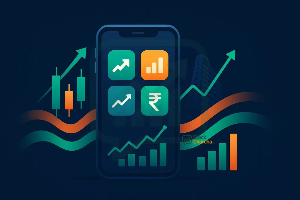 Stock Market for Beginners India 2025: Easy Guide 16 Illustration of a smartphone with Indian stock market app icons, candlestick charts, rising graph, rupee ₹ symbol, and Bombay Stock Exchange silhouette with Indian tricolor theme.