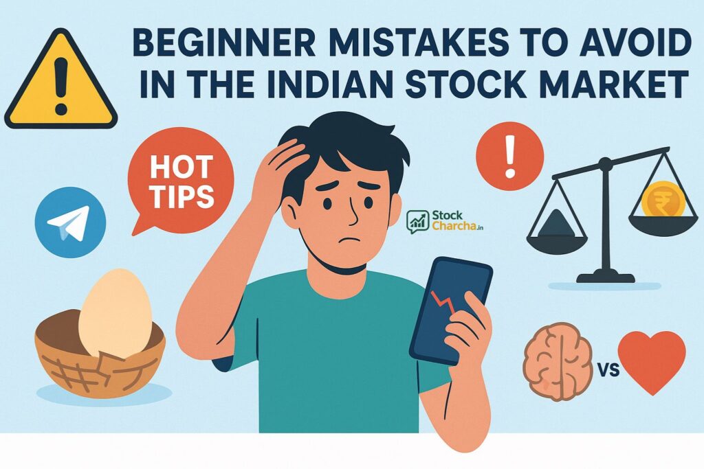 Stock Market for Beginners India 2025: Easy Guide 9 Flat-style illustration of a confused young Indian investor holding a phone with a falling stock chart, surrounded by warning icons like hot tips, cracked egg basket, tilted balance scale, and brain vs heart, symbolizing common mistakes beginners make in the Indian stock market.