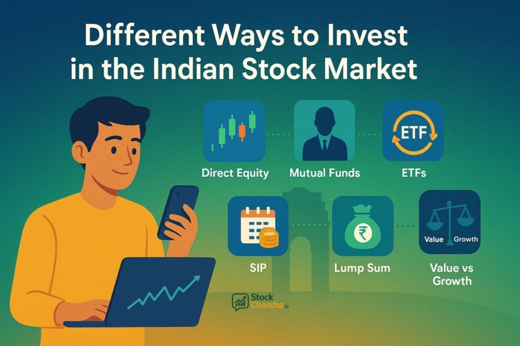Stock Market for Beginners India 2025: Easy Guide 6 Illustration of an Indian investor exploring different ways to invest in the stock market, including direct equity, mutual funds, ETFs, SIP, lump sum, and value vs growth investing.