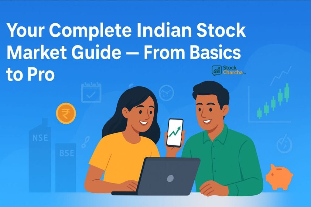 Stock Market for Beginners India 2025: Easy Guide 1 Illustration of two young Indian investors learning stock market basics on a laptop and smartphone, with NSE, BSE, candlestick charts, and financial icons in the background.