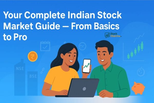 Stock Market for Beginners India 2025: Easy Guide 7 Illustration showing Indian stock market guide 2025 with charts, Sensex, Nifty, and beginner-to-pro investing journey for Indian investors.