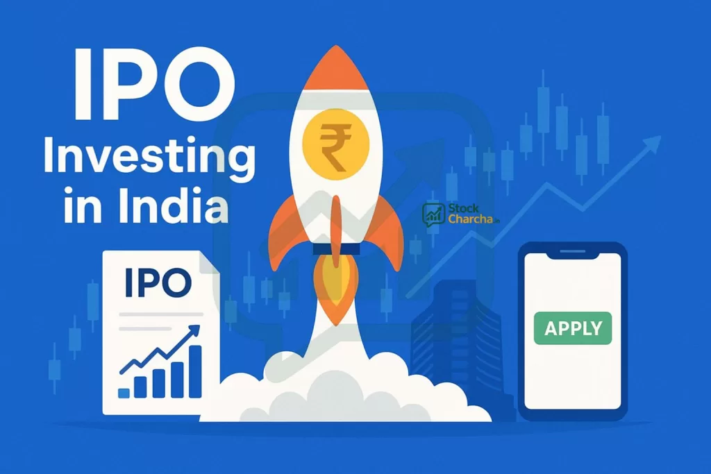 Stock Market for Beginners India 2025: Easy Guide 14 Flat illustration of IPO investing in India showing a company going public, stock market charts, and retail investors applying online through mobile apps.