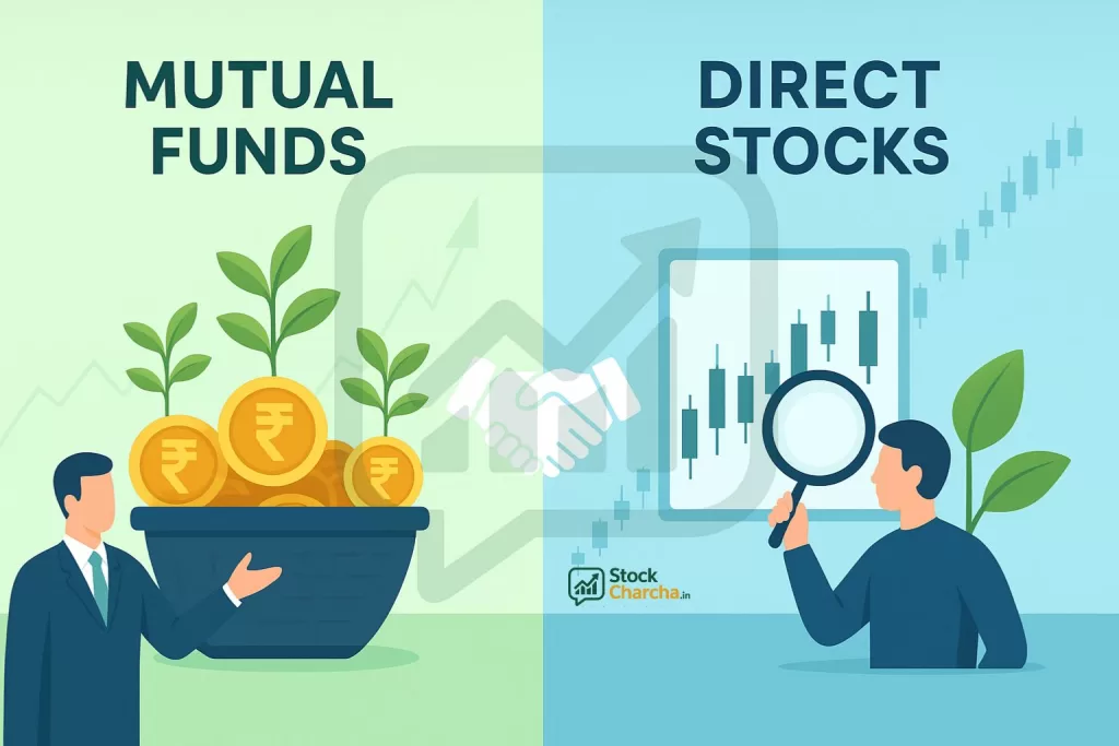 Stock Market for Beginners India 2025: Easy Guide 18 Illustration comparing mutual funds and direct stocks in India. On the left, a basket of rupee coins with plants symbolizing diversification. On the right, an investor with magnifying glass studies candlestick charts, showing direct stock investing. A handshake icon in the center represents comparison.