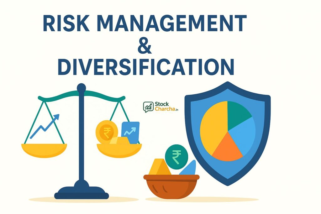 Stock Market for Beginners India 2025: Easy Guide 8 Illustration of a balance scale, rupee coins, stock chart, gold, and a shield with a pie chart, symbolizing risk management and portfolio diversification for Indian investors.
