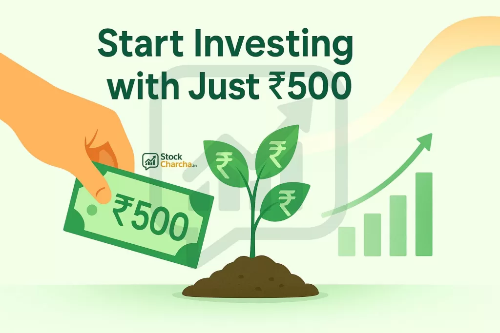 Stock Market for Beginners India 2025: Easy Guide 17 Illustration of a hand placing a ₹500 Indian rupee note into soil, with a plant sprouting rupee-shaped leaves and an upward stock market growth chart in the background.